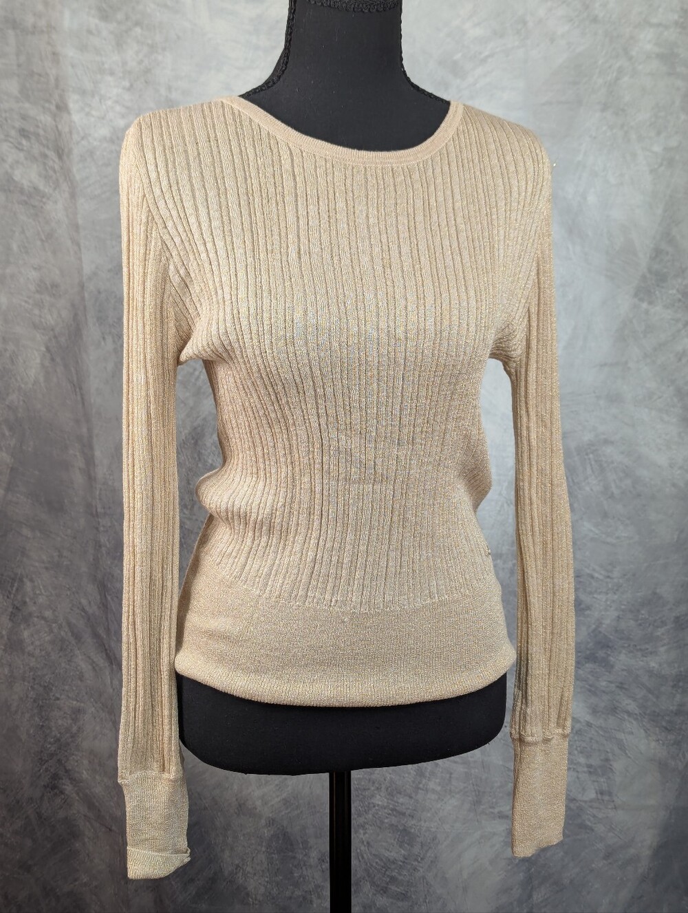 Elegant Beige Ribbed Women's Sweater